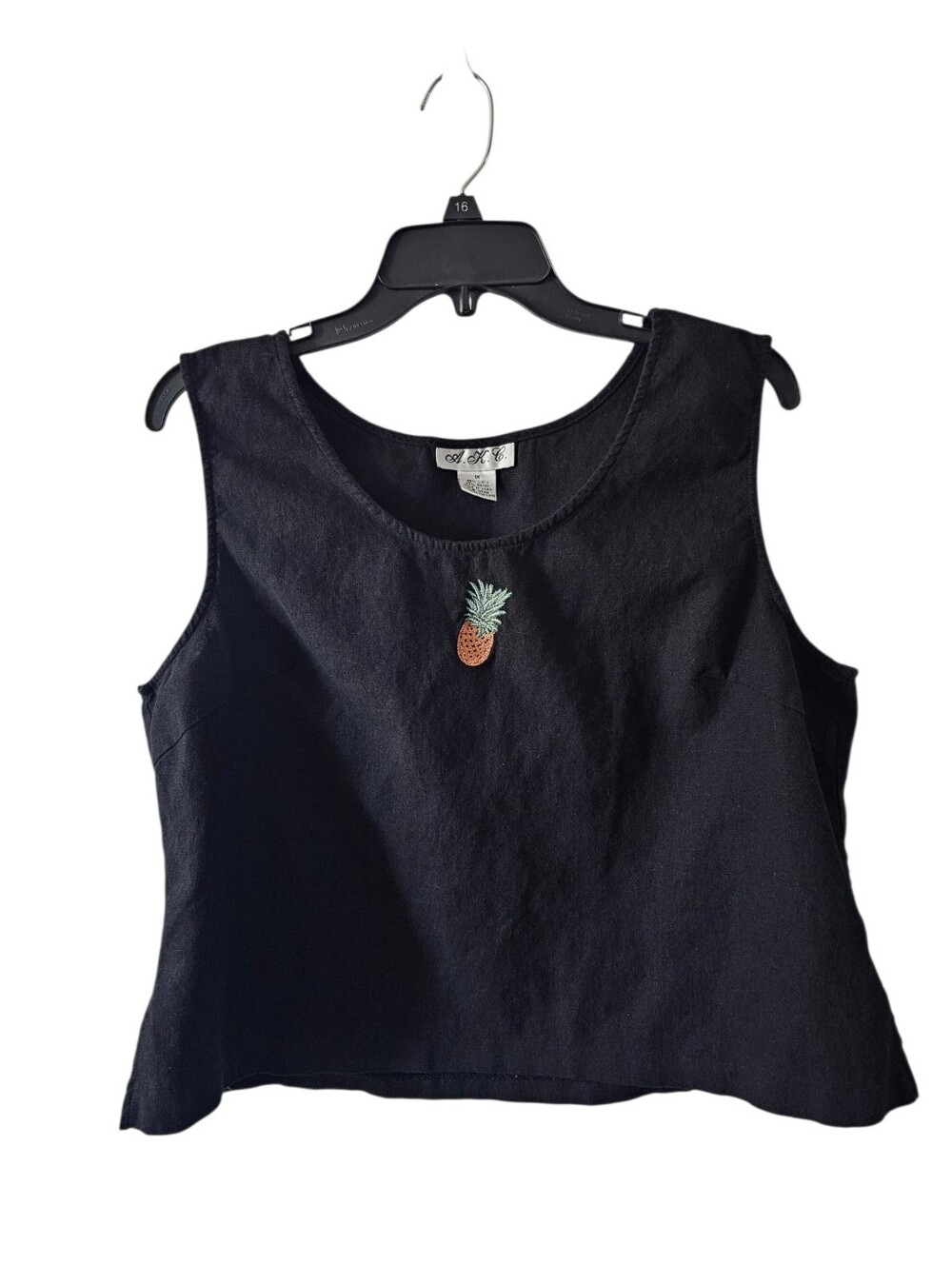 AKC Plus Size 1X Black Linen Rayon Scoop Neck Pineapple Embroidered Tank Top